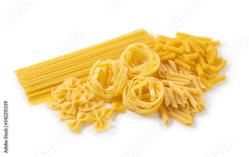 Various pasta placed on white background