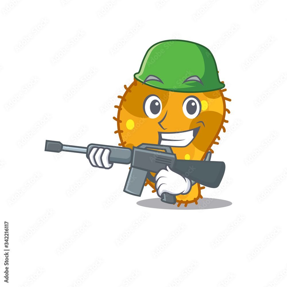 Obraz premium A cartoon picture of pseudomonas in Army style with machine gun