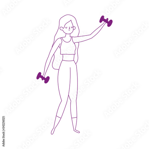young woman lifting gym dumbbell isolated icon white background