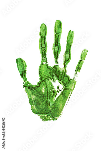 Green watercolor print of human hand on white background isolated close up, handprint illustration, colorful palm and fingers silhouette mark, one hand shape painted stamp, stop sign, drawing imprint