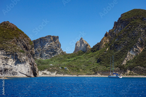 View of a rocky beach along the seacoast in Ponza island (Latina, Italy).