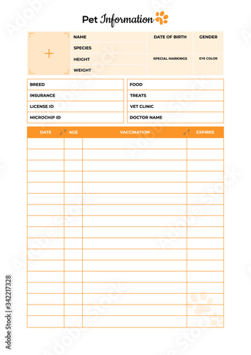Minimalist pet information planner pages templates vector paper A4, US Letter, A5, Mini hp Ai, EPS 10 and PDF File
