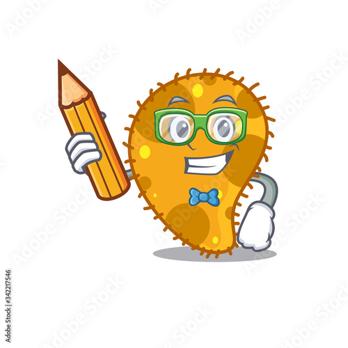 A brainy student pseudomonas cartoon character with pencil and glasses