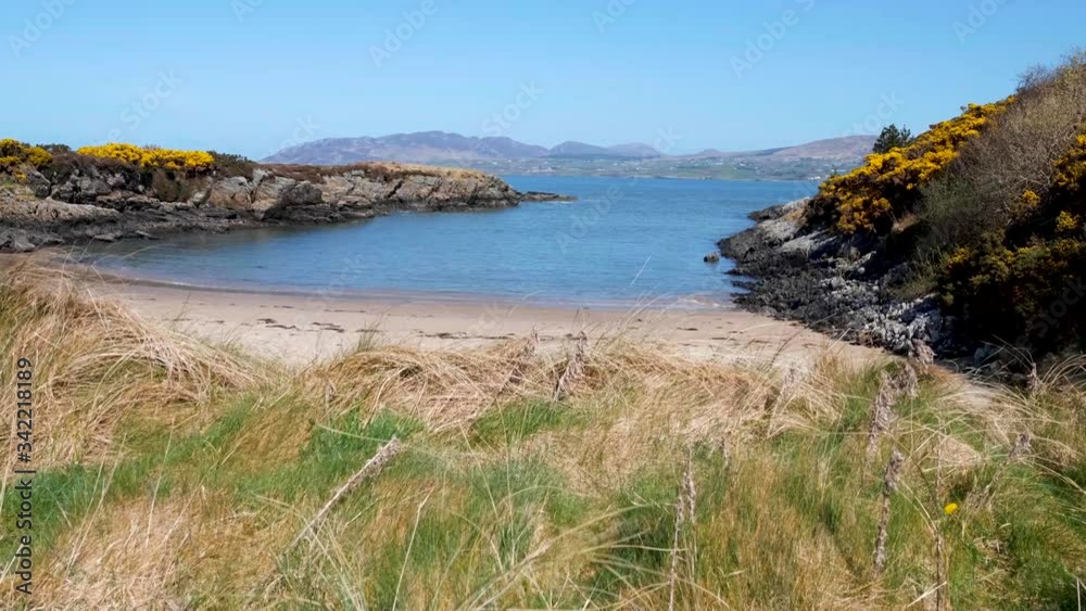 Secret Irish sandy beach with multi-colored sharp rocks and bright foliage in foreground between two rows of stones that reach into the sea. Jib Lifting Reveal in Slow-Motion. Secret Irish sandy beach with multi-colored sharp rocks and bright foliage in foreground between two rows of stones that reach into the sea. Jib Lifting Reveal in Slow-Motion.