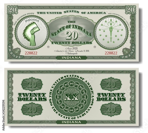 A fictional American banknote of 20 dollars is dedicated to the state of Indiana. Headdress of the Indians