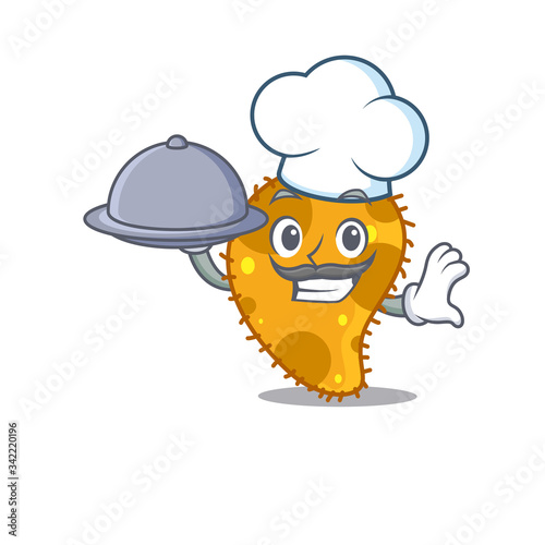 Pseudomonas chef cartoon character serving food on tray © kongvector