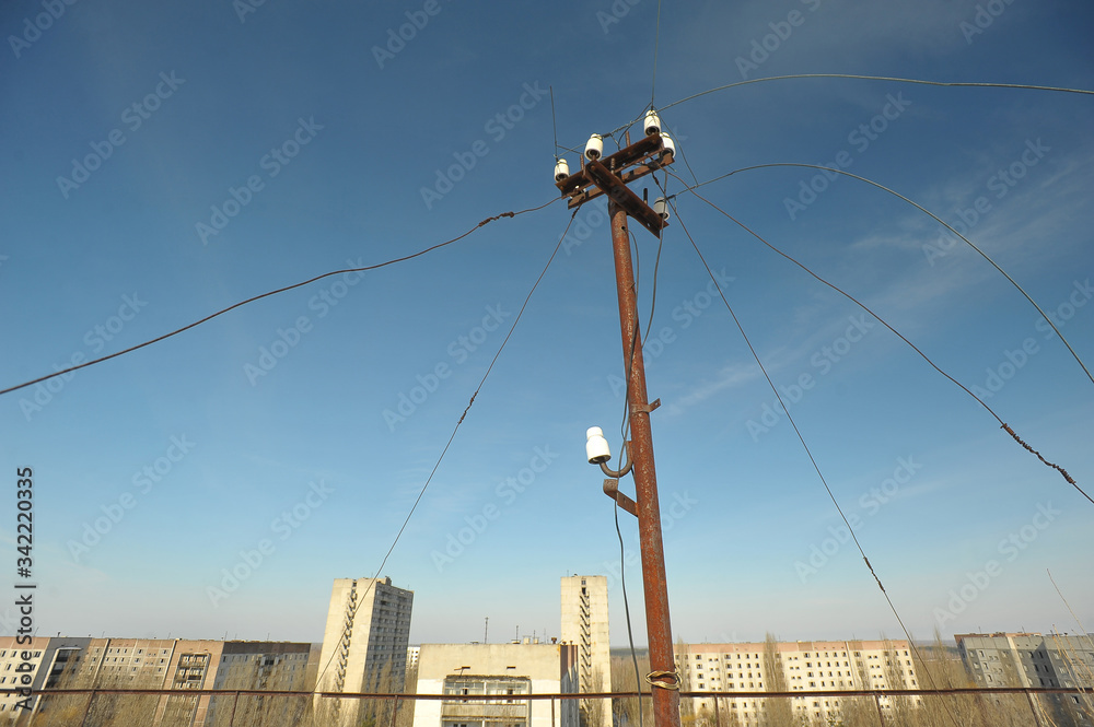 Rusty TV antenna on rooftop in Pripyat