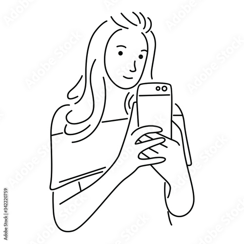 Portrait of a woman with a phone. Addiction on the smartphone and the Internet. Social networks. Vector illustration in line art style