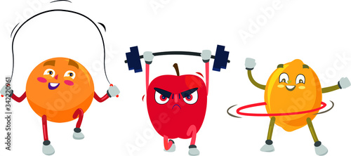 Funny fruit and berry characters doing sport. Fruits in fitness exercises poses, wellness food and funny sport fruit. Isolated cartoon vector icons illustration set
