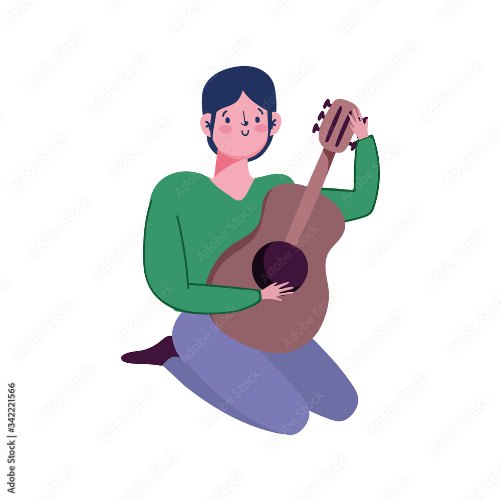 young playing guitar musical instrument isolated icon on white background