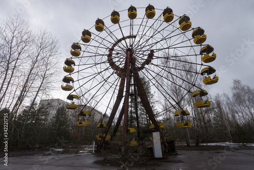 Ferris wheel in abandoned amusement park ghost town Pripyat