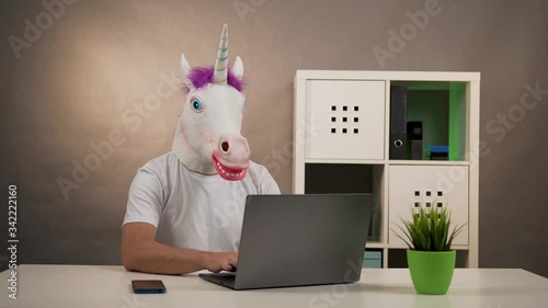 the man in the mask unicorn working on laptop and answering a phone call