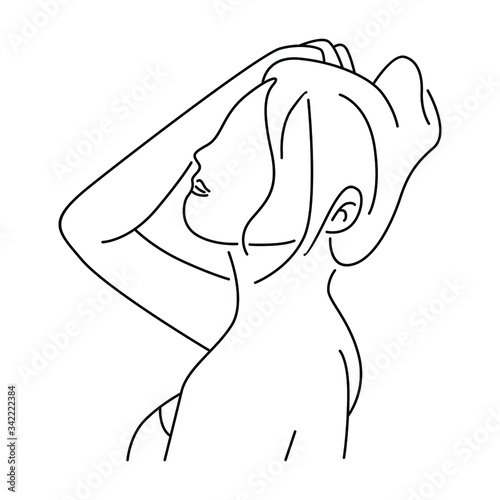 Beautiful young girl model for design. Fashion, style, youth, fitness, sports, beauty. Graphic, sketch, drawing. Sexy body. Line art vector illustration