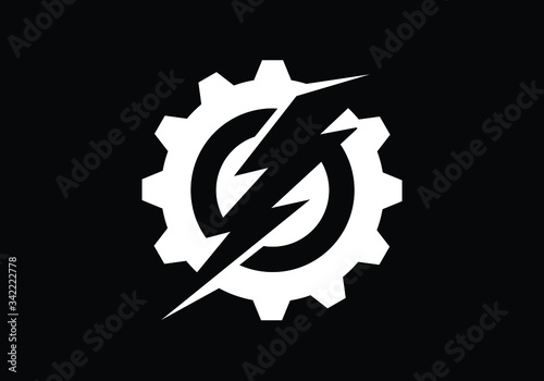 Gear and Lightning Bolt Logo Design in White on Black Background for Technology Company