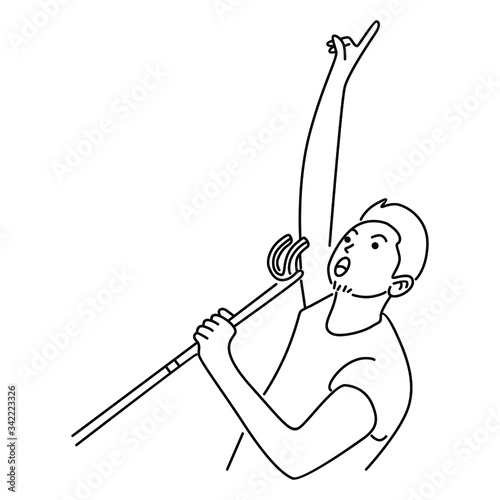 Male rocker singer holding microphone and singing on music concert stage. Musician artist performance concept. Line art vector illustration