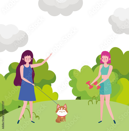 young women with dog and weight dumbbell, exrcise outdoor photo