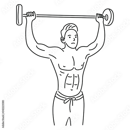 arm, bicep, strong hand holding a dumbbell, icon cartoon hand drawn. Line art vector illustration