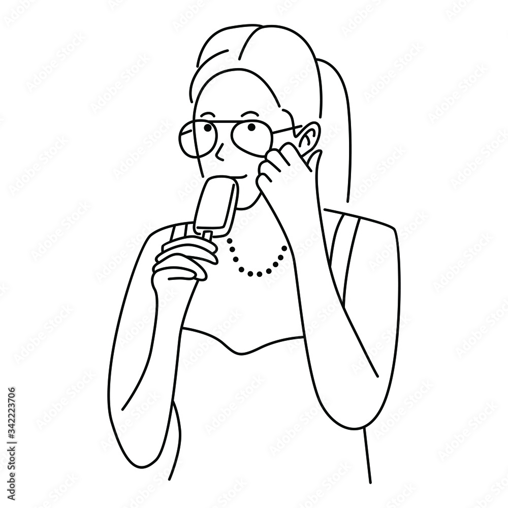 Vector illustration of cute girl eating ice-cream. Line art vector illustration Vector illustration of cute girl eating ice-cream. Line art vector illustration