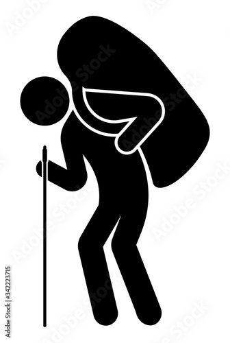 man carries a big bag, a backpack on his shoulder. Leans on a cane. Hiking, mountain climbing, travel. Isolated vector on white background