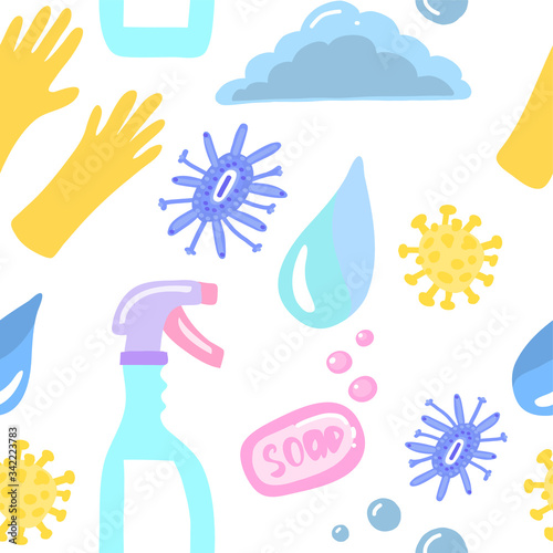 Seamless vector pattern with cleaning products, surfaces, cleaning during an epidemic in flat style. Design of a cleaning company, the destruction of viruses and bacteria. Pshchalka, soap, detergents