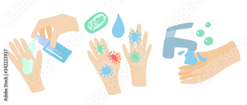 Set of vector clip art hand washing for infographics in flat style. Hands apply antibacterial gel. Hands are washed under the wastewater from the tap. Hands with germs are washed with soap and water