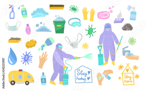 Chemical cleaning services. Symbol of spraying against coronovirus in flat style. Vector illustration of disinfection of microbes and bacteria. Stickers on a white background isolated.