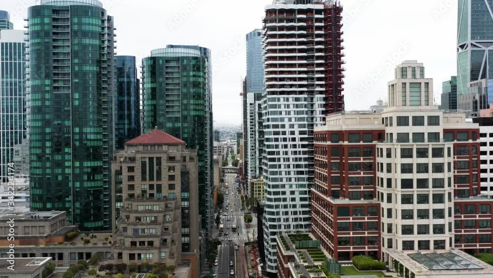 Drone shot of downtown San Francisco along the Embarcadero. Drone shot of downtown San Francisco along the Embarcadero.