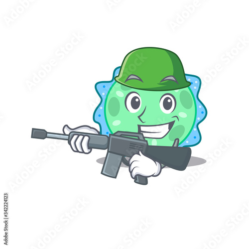 A cartoon picture of pseudomonas aeruginosa in Army style with machine gun