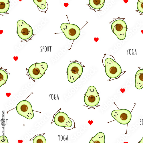 Seamless pattern of Avocado yoga. Avocado character design on white background. Yoga for pregnant women. Cute illustration for greeting cards, stickers, fabric, websites and prints.