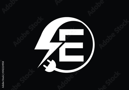 Electric energy company logo design featuring lightning bolt power plug and letter E symbol