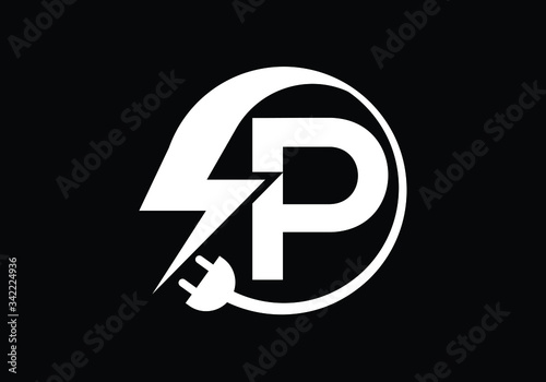 Modern Electrical Power Logo Design P with Lightning Bolt and Plug in Circle on Black Background