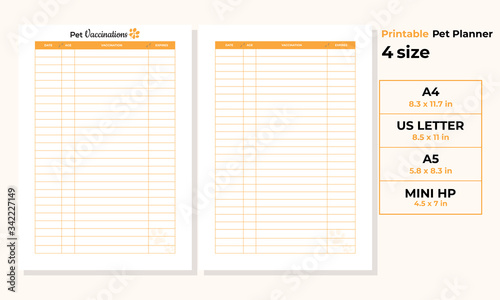 Minimalist pet vaccinations planner pages templates vector paper A4, US Letter, A5, Mini hp Ai, EPS 10 and PDF File
