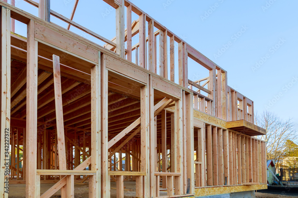 Residential house with under construction beams house wooden frame Residential house with under construction beams house wooden frame