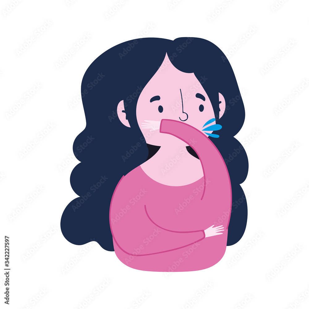 covid 19 coronavirus, young woman cough and cover mouth, icon white background covid 19 coronavirus, young woman cough and cover mouth, icon white background
