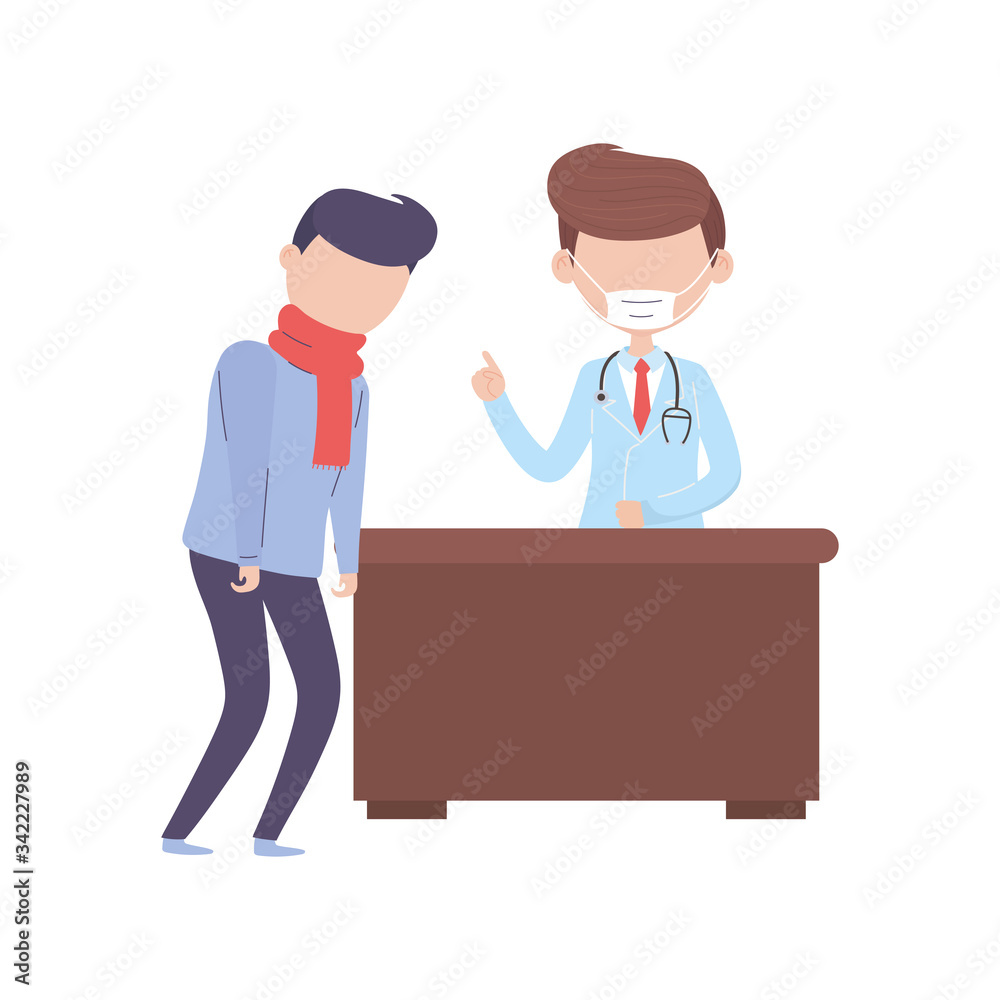 covid 19 quarantine, sick man doctor in desk consultation covid 19 quarantine, sick man doctor in desk consultation