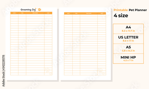 Minimalist grooming log planner pages templates vector paper A4, US Letter, A5, Mini hp Ai, EPS 10 and PDF File
