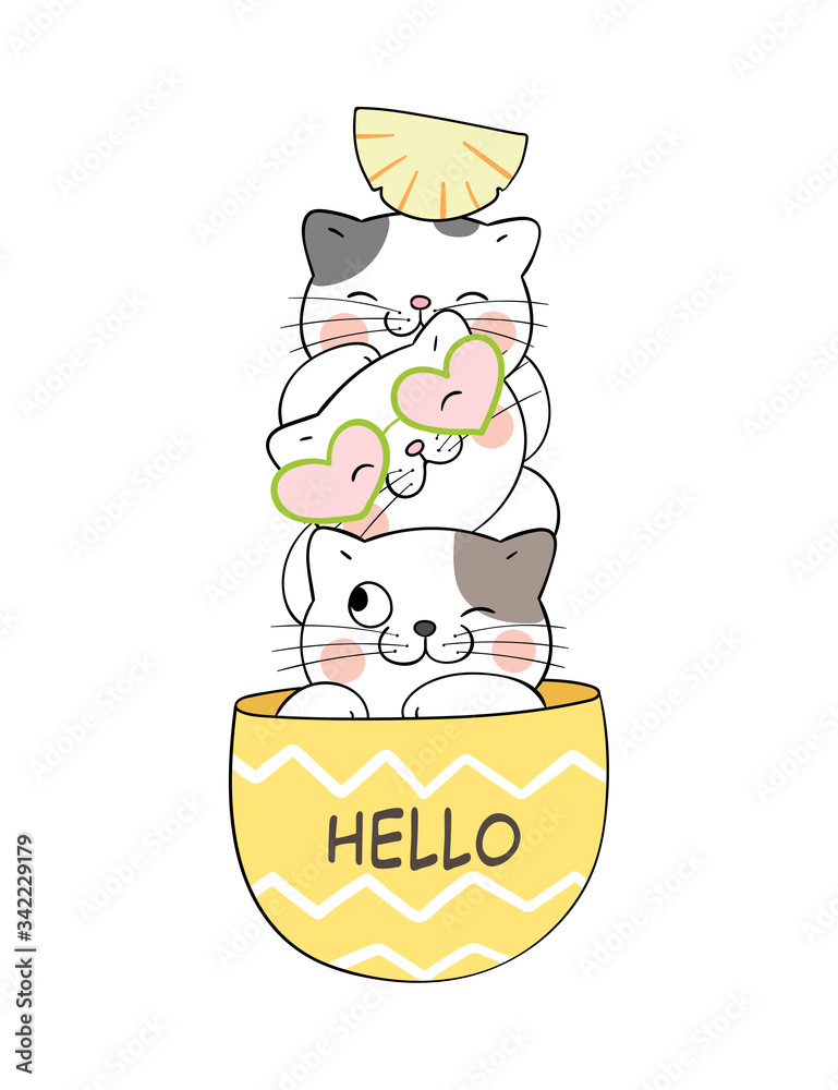 Draw cute cat in pineapple for summer.Doodle cartoon style. Stock