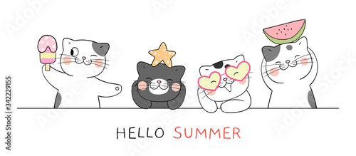 Draw banner funny cat for summer season on white.
