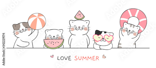 Draw banner funny cat with ball and watermelon for summer.