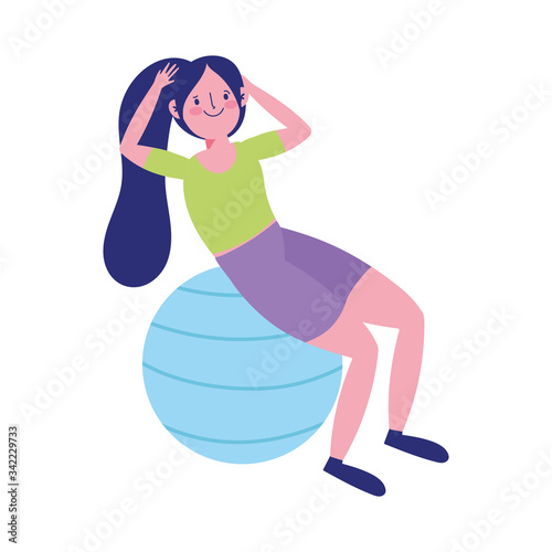 young woman with fitness ball isolated icon white background
