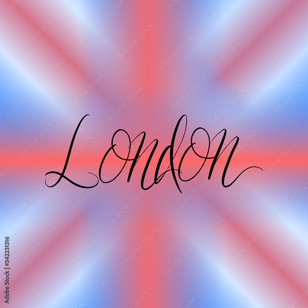 London brush paint hand drawn lettering on background with flag. Capital city of UK design templates for greeting cards, overlays, posters