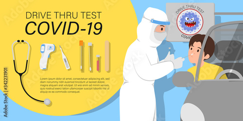 Coronavirus COVID-19 drive through testing infographic with Medical workers in full protective suit and medical appliance takes sample from customer
