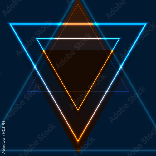 Blue and orange retro neon laser triangles abstract background. Glowing vector design