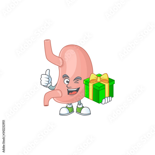Smiley stomach cartoon character holding a gift box