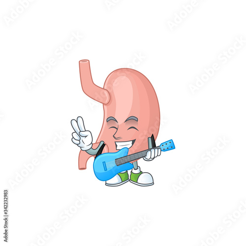Happy face of stomach cartoon plays music with a guitar