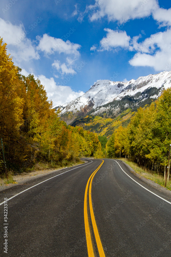 Road winding through trees in Fall in Colorado Road winding through trees in Fall in Colorado