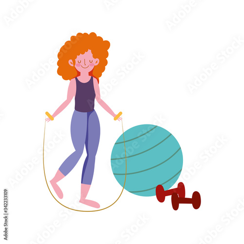 woman with ball dumbbells exercises practicing isolated desing