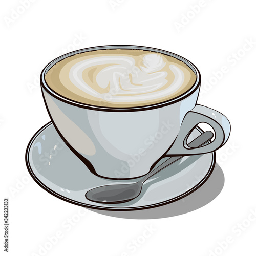 A cup of hot cappuccino coffee on a white background.