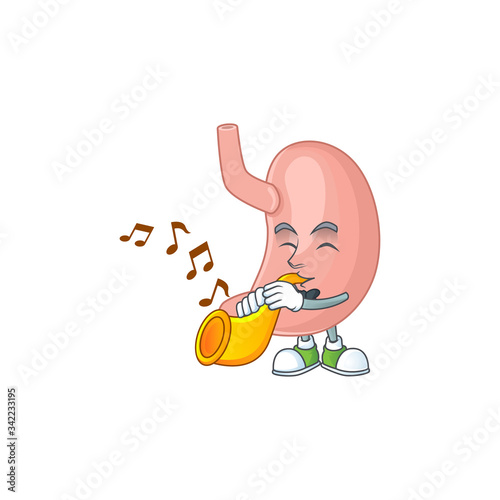 A brilliant musician of stomach cartoon character playing a trumpet