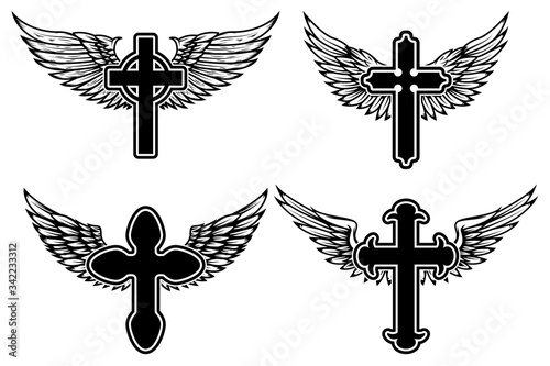 Set of illustrations of winged christian religious crosses. Design element for infographic, emblem, sign, poster, car, banner. Vector illustration